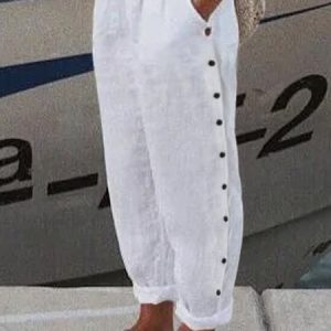 Plus size Buttoned Loose Plain Casual Pants, Pants, color:White|size:4X, JustFashionNow