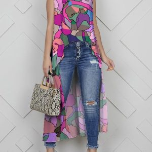 Regular Fit Abstract Graphic Elegant Crew Neck Shirt, Blouses and Shirts, color:Pink|size:XXL, Stylewe