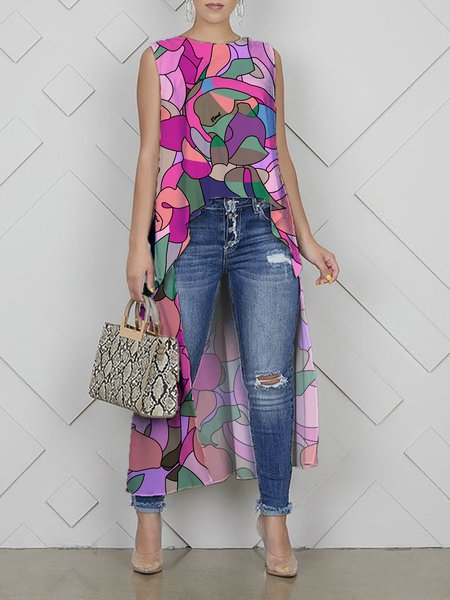 Regular Fit Abstract Graphic Elegant Crew Neck Shirt, Blouses and Shirts, color:Pink|size:XXL, Stylewe