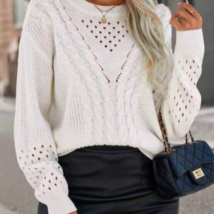 Casual Yarn/Wool Yarn Cable Knit Drop Shoulder Sweater, Sweaters, color:White|size:XXL, JustFashionNow