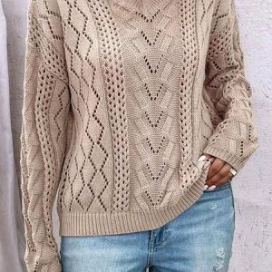 Women Yarn/Wool Yarn Plain Long Sleeve Comfy Casual Sweater, Sweaters, color:Khaki|size:XL, Noracora