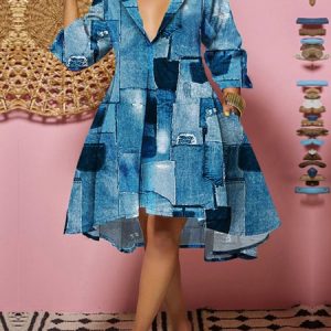 Contrast Stitching Urban Loose Faux Denim Dress, Midi Dresses, color:Blue|size:XXL, Stylewe