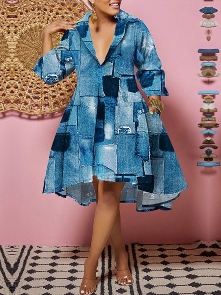 Contrast Stitching Urban Loose Faux Denim Dress, Midi Dresses, color:Blue|size:XXL, Stylewe