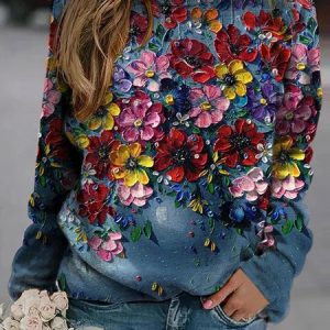 Casual Floral Crew Neck Sweatshirt, Sweatshirts & Hoodies, color:Multicolor|size:3XL, JustFashionNow