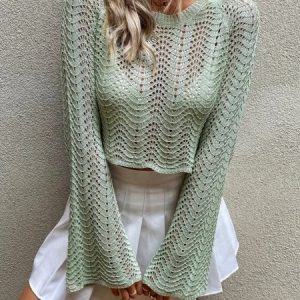 Women Wool/Knitting Embroidery Patterns Extra-long Sleeve Comfy Vintage Sweater, Sweaters, color:Green|size:L, Noracora