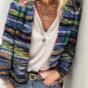 JFN Colorful Stripes Causal Cardigan, Sweaters, color:Blue|size:XXL, JustFashionNow