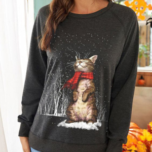 Women Black Christmas Loose Casual Cute Cat Raglan Sleeve Sweatshirt, Sweatshirts & Hoodies, color:Deep Gray|size:XXL, JustFashionNow