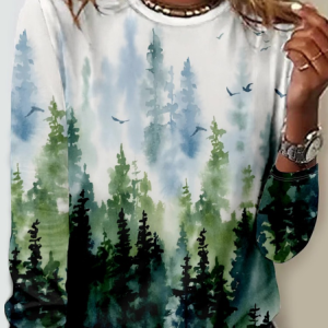 Women's Nature Lover Crew Neck Tree Casual Shirt, color:Green|size:5XL, Lilicloth.com