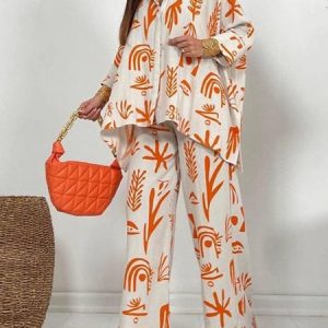 Women Geometric Long Sleeve Comfy Casual Top With Pants Two-Piece Set, Sets, color:Orange|size:XL, Noracora