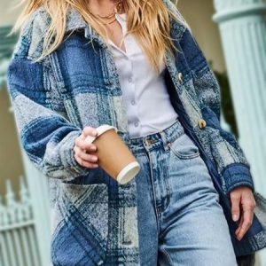 Woolen Casual Loose Single-Breasted Checkered Lapel Coat, Coats, color:Blue|size:XXL, JustFashionNow