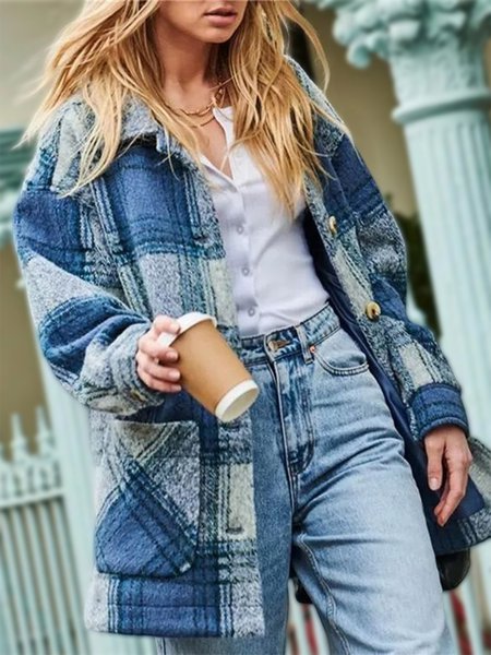 Woolen Casual Loose Single-Breasted Checkered Lapel Coat, Coats, color:Blue|size:XXL, JustFashionNow