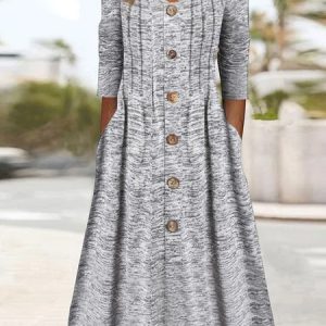 V Neck Plain Regular Fit Casual Dress, Midi, color:Gray|size:XXL, catalog Noracora shop