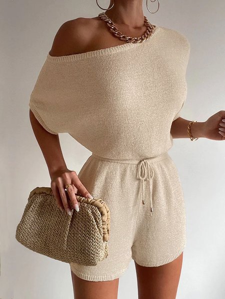 Plain Casual Cold Shoulder Jumpsuit, Jumpsuits, color:Apricot|size:XXL, Stylewe
