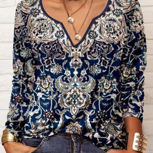 Casual V Neck Ethnic Printed T-Shirt, T-Shirts, color:Navy Blue|size:XXL, JustFashionNow