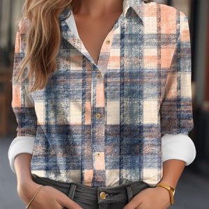 Shirt Collar Long Sleeve Plaid Buckle Regular Micro-Elasticity Loose Blouse For Women, Shirts, color:Orange|size:XXL, Noracora
