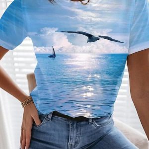 Casual Spring/Summer Seagull Pattern Round Neck Short Sleeve T-Shirt Vacation Daily Women's Clothing, T-Shirts, color:As Picture|size:3XL, JustFashionNow