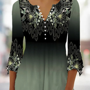 V Neck Floral Casual Shirt, Shirts & Blouses, color:Green|size:XXL, JustFashionNow
