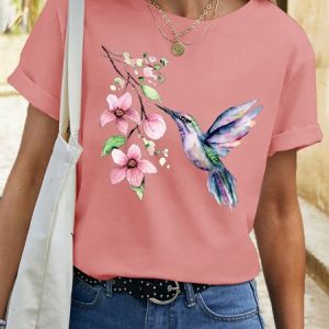 Women's Hummingbird Watercolor Nature Bird Lover Crew Neck Casual T-Shirt, T-shirts, Lilicloth.com