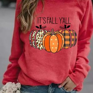 It's Fall Y'all Shirt Women Halloween Leopard Pumpkin Halloween Regular Fit Simple Sweatshirt, color:Red|size:3XL, Lilicloth.com