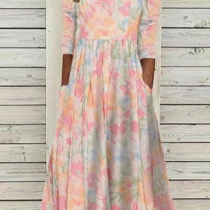 Loose Floral Crew Neck Casual Dress, Midi, color:Pink|size:XXL, Noracora