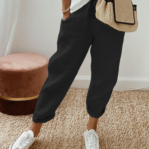 Loose Plain Casual Cotton Pants, Pants, color:Black|size:XS, JustFashionNow