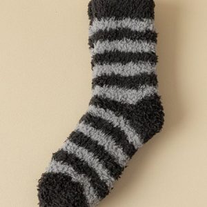 1pair Casual Striped Warmth Coral Velvet Over the Calf Socks, Socks, color:Black|size:One-size, JustFashionNow
