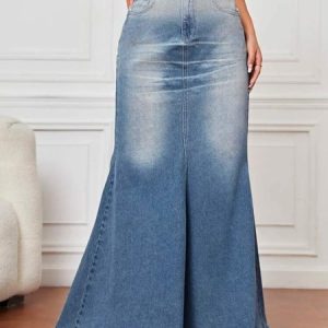 Regular Fit Casual Denim Plain Denim Skirt, Skirts, color:Blue|size:XXL, Noracora