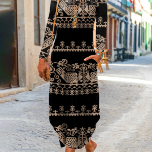 Plus size Crew Neck Casual Ethnic Printed Dress, DRESSES, color:Black|size:4X, Noracora