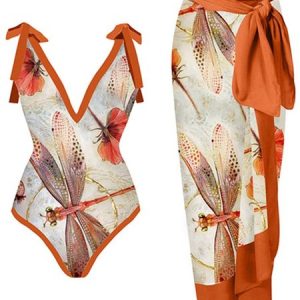 Vacation Animal Printing V Neck One Piece With Cover Up, Coverups, color:Orange|size:XXL, Stylewe