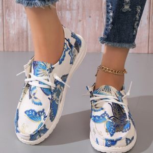 Blue Butterfly Graphic Lace-Up Flats, Flats, color:Blue|size:43, JustFashionNow