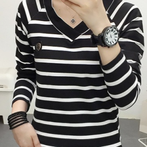 Casual Striped V Neck Long Sleeve T-shirt, T-shirts, color:Black|size:3XL, Noracora