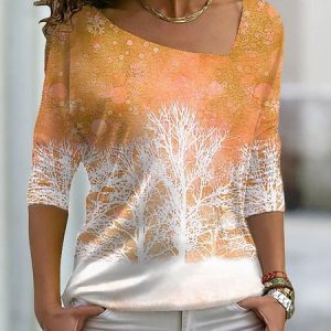 Casual Christmas Asymmetrical Long Sleeve T-shirt, T-shirts, color:Orange|size:5XL, Noracora