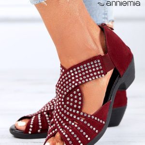 Black Rhinestone Hollow Peep Toe Chunky Heel Dress Wedding Sandals, Sandals, color:Wine Red|size:43, JustFashionNow