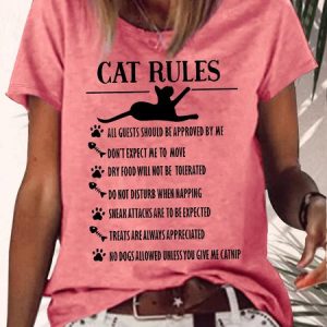 Women's Funny Cat Rules Graphic Printing Cotton-Blend Cat Casual Crew Neck T-Shirt, T-shirts, Lilicloth.com