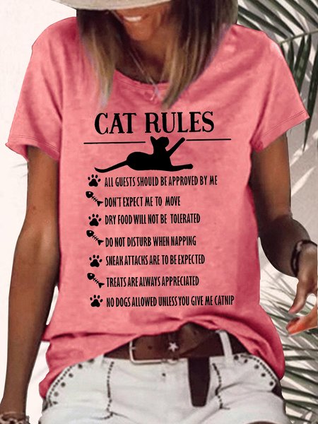 Women's Funny Cat Rules Graphic Printing Cotton-Blend Cat Casual Crew Neck T-Shirt, T-shirts, Lilicloth.com