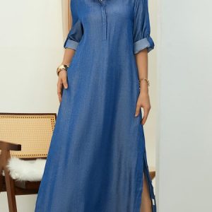 Regular Size Vacation Faux Denim Dress, Dresses, color:Deep Blue|size:XXL, Stylewe
