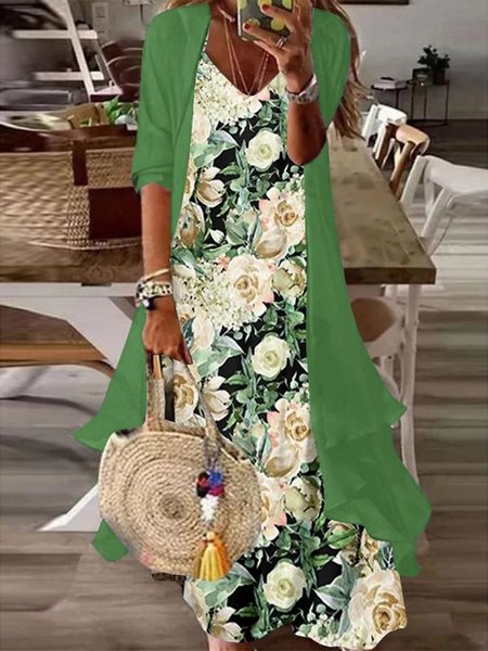 Wrap Casual Floral Two-Piece Set, Suit Set, color:Green|size:XXL, JustFashionNow
