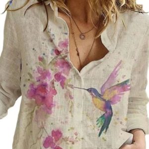 Shirt Collar Floral Bird Printing Boho Regular Fit Blouse, Shirts & Blouses, color:Pink|size:3XL, JustFashionNow