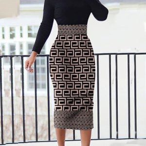 Elegant Tight Turtleneck Long Sleeve Midi Dress, Midi Dresses, color:Black|size:XXL, Stylewe