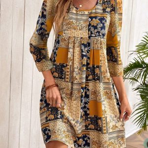 Women Floral Crew Neck Long Sleeve Comfy Casual Midi Dress, Midi, color:Yellow|size:XXL, Noracora
