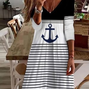 V Neck Casual Anchor Dress With Belt, Dresses, color:Black|size:XXL, JustFashionNow