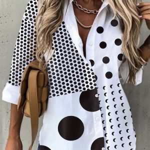 Casual Polka Dots Long Sleeve Shirt Collar Printed Blouses, Shirts & Blouses, color:Black-white|size:XXL, JustFashionNow