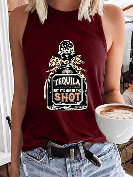 Women's Funny Tequila May Not Be The Answer But It's Worth The Shot Crew Neck Tank Top, color:Red|size:3XL, Lilicloth.com