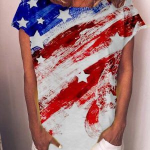 Women American Flag Star Printed O-Neck Short Sleeve T-Shirs Top, color:White|size:3XL, Lilicloth.com