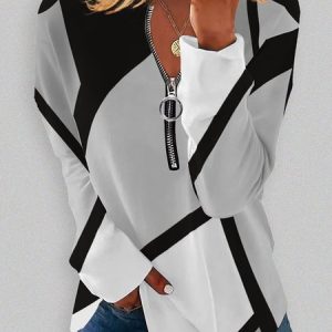Casual V Neck Color Block Zipper Sweatshirt, Sweatshirts & Hoodies, color:Multicolor|size:XXL, JustFashionNow
