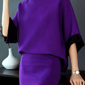 Micro-Elasticity Urban Color Block Loose Stand Collar Short Sleeve Sweater, Sweaters, color:Purple|size:XXL, Stylewe