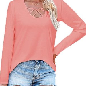 Casual Plain V Neck Long Sleeve T-shirt, T-shirts, color:Pink|size:3XL, Noracora