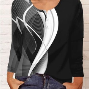 Casual Ethnic Half Open Collar Long Sleeve T-shirt, T-shirts, color:Black-white|size:5XL, Noracora