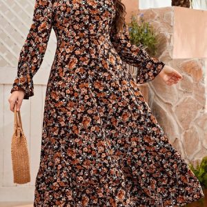 Plus Size Printing Loose Casual Dress With No, DRESSES, color:Brown|size:4X, Noracora
