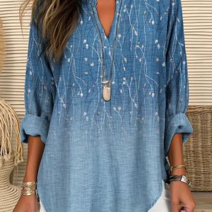 Casual Blue Gradient Floral Cotton Linen Loose Shirt, Shirts & Blouses, color:Blue|size:XXL, JustFashionNow